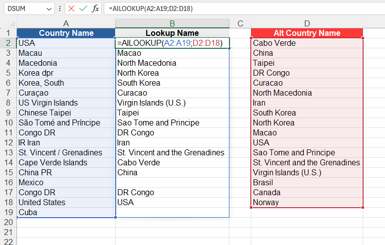Приклад використання функції AILOOKUP()