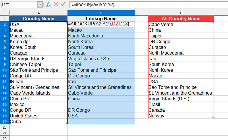 Приклад використання функції AILOOKUP()