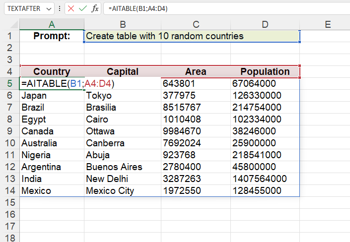 Приклад використання функції AITABLE()