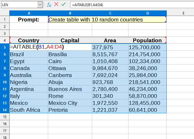 Приклад використання функції AITABLE()
