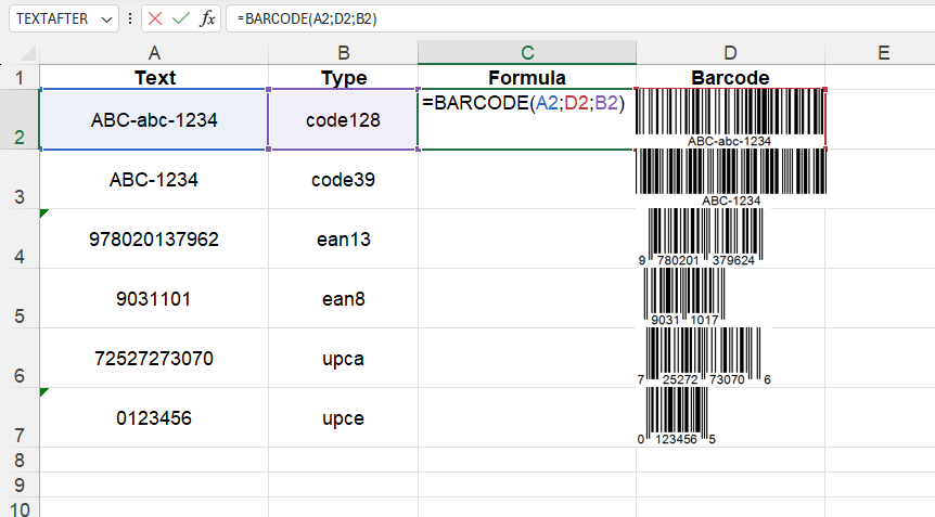 Приклад використання функції BARCODE()