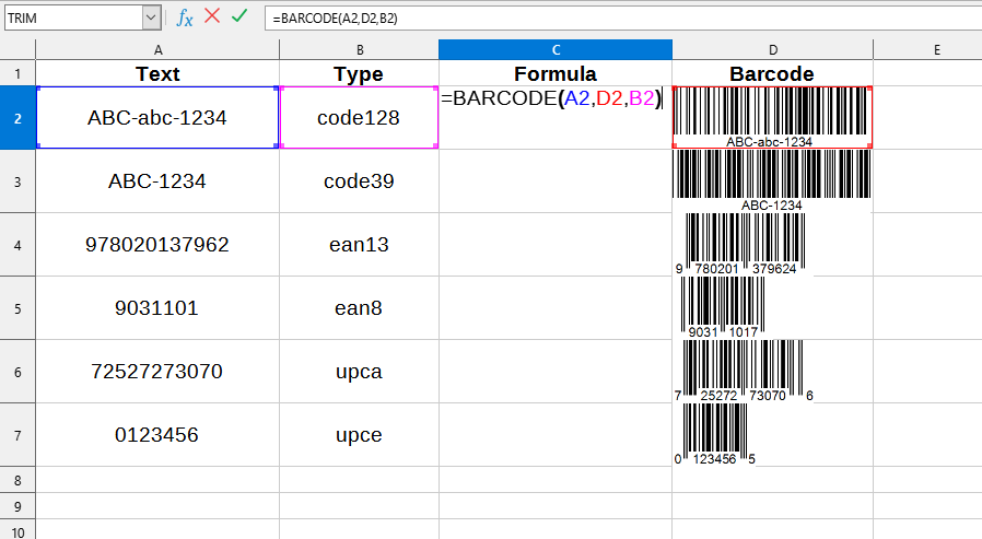 Приклад використання функції BARCODE()