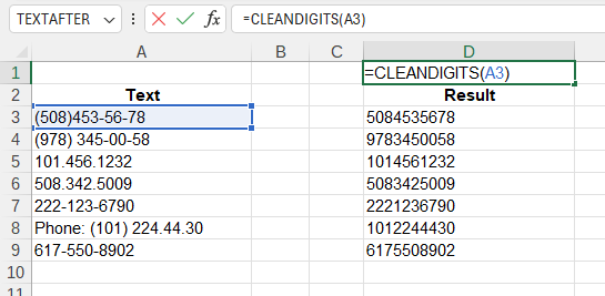 Приклад використання функції CLEANDIGITS()