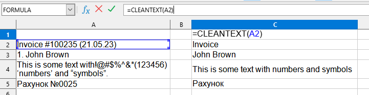 Приклад використання функції CLEANTEXT()