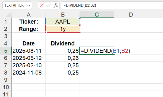 Приклад використання функції DIVIDEND()