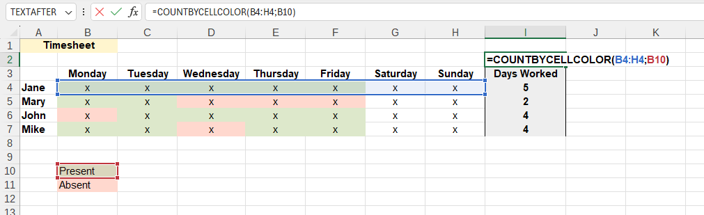 Приклад використання функції COUNTBYCELLCOLOR()