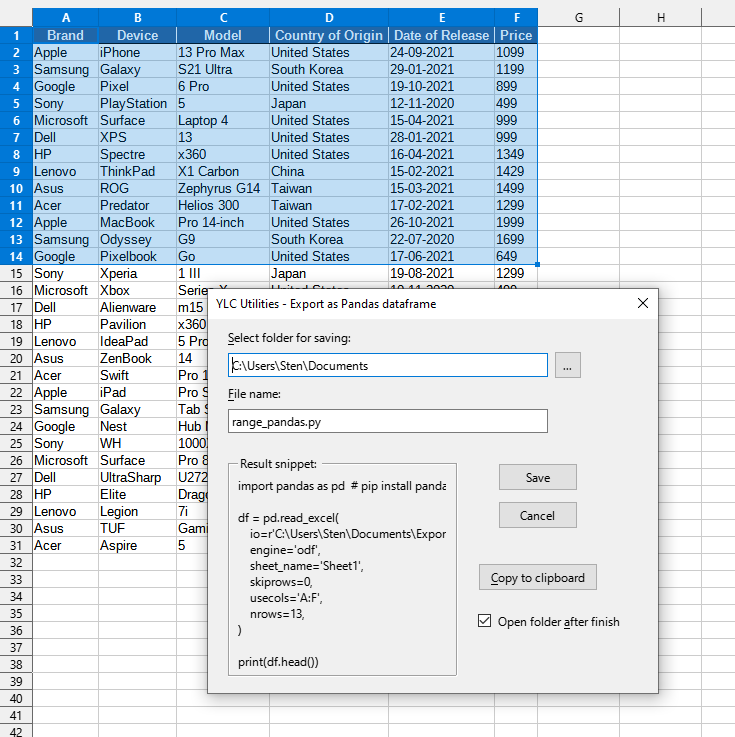Export > Create Pandas dataframe