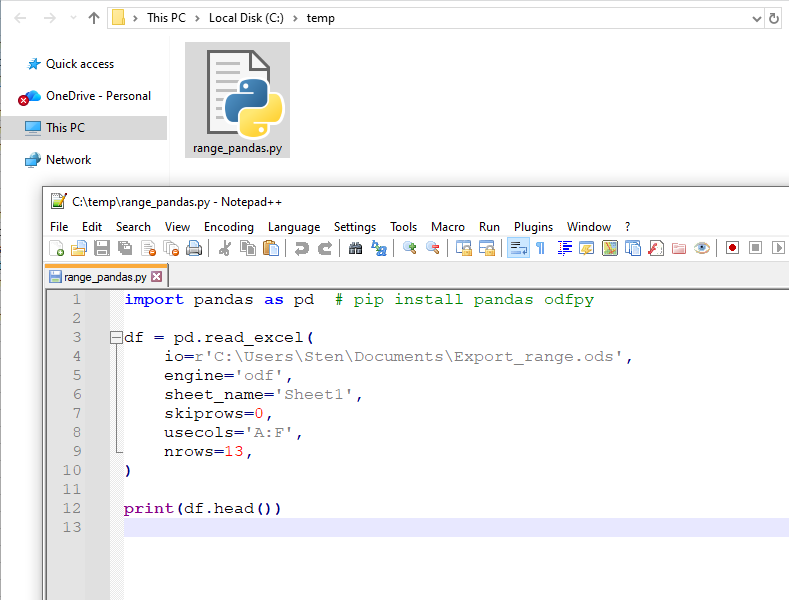 Export > Create Pandas dataframe
