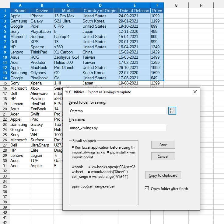 Export > Create Xlwings template