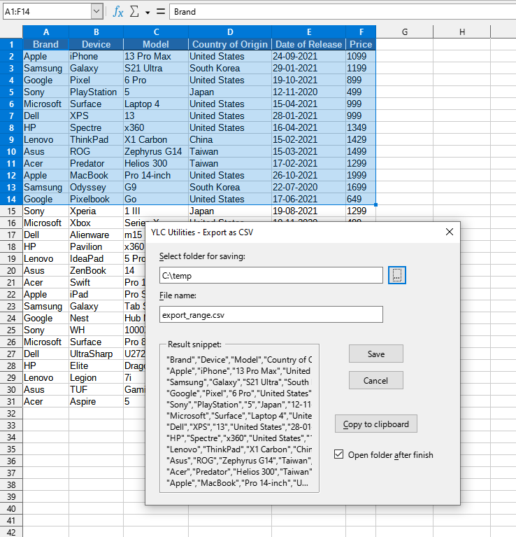Export > Export range as CSV data