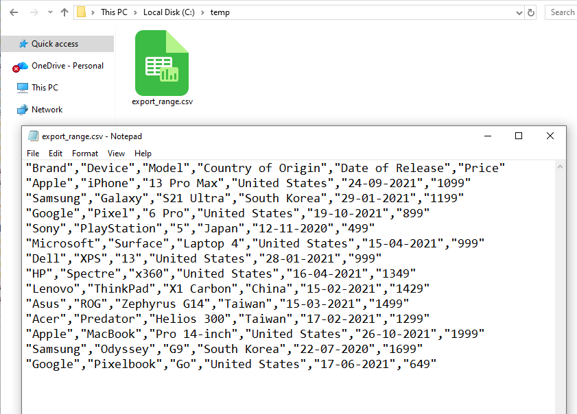 Export > Export range as CSV data