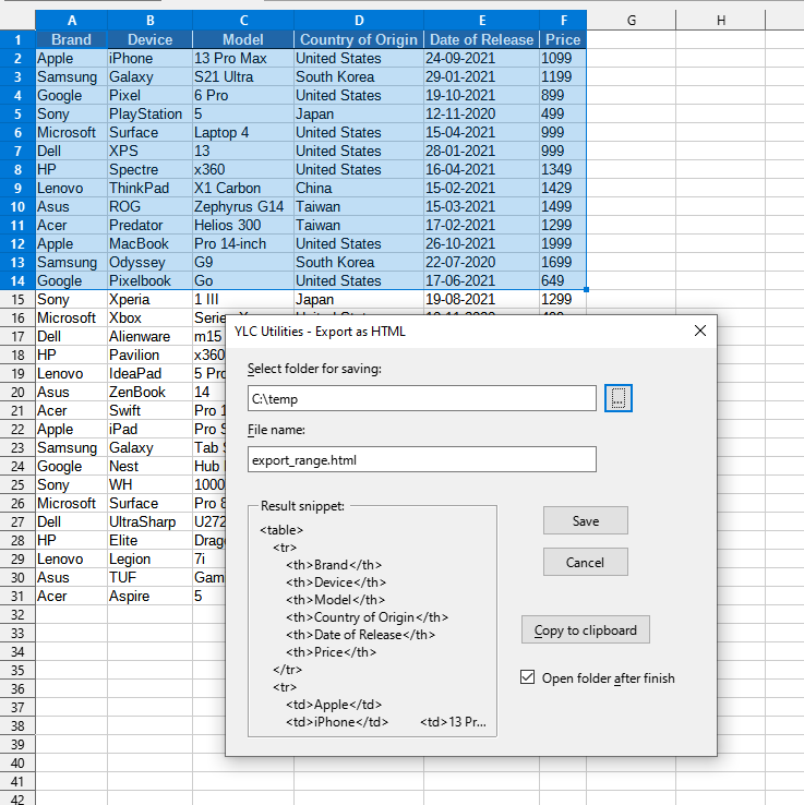 Export > Export range as HTML data