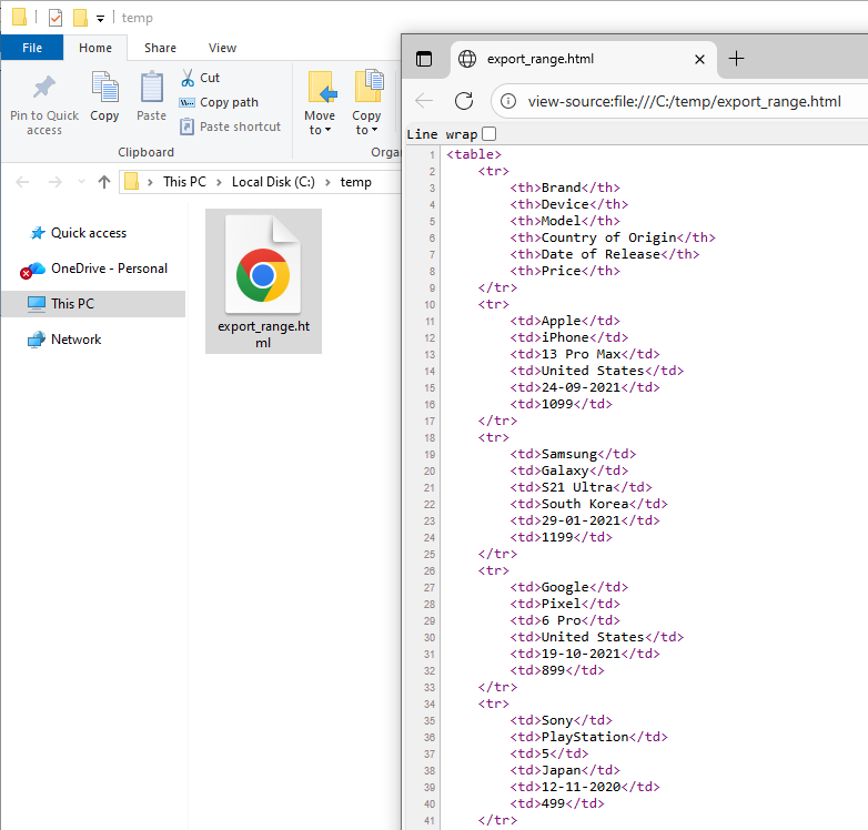 Export > Export range as HTML data