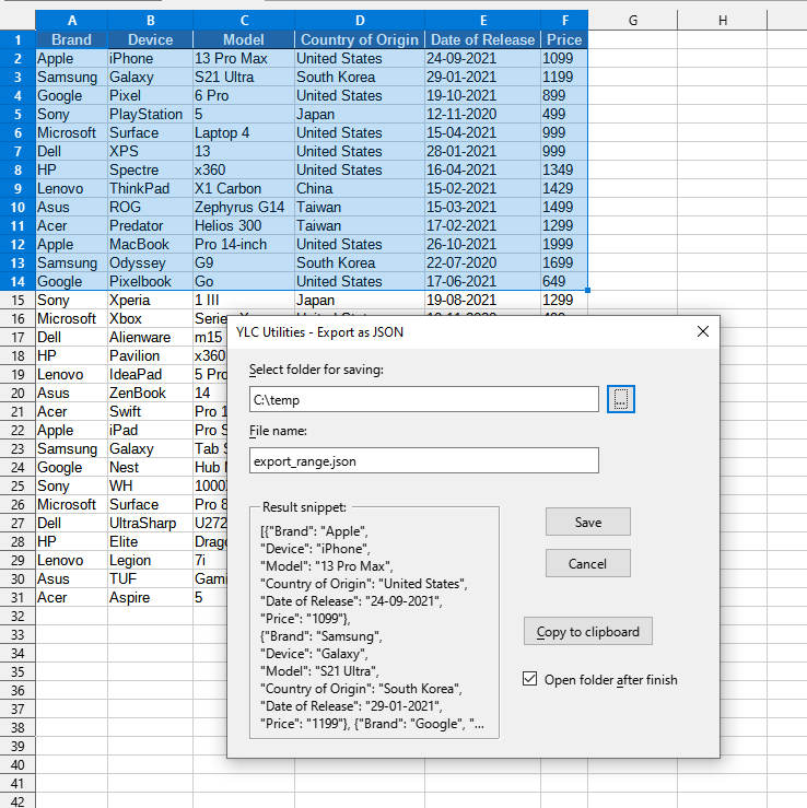 Export > Export range as JSON data