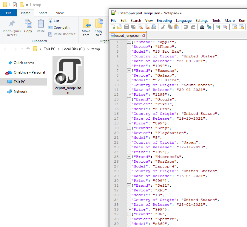 Export > Export range as JSON data