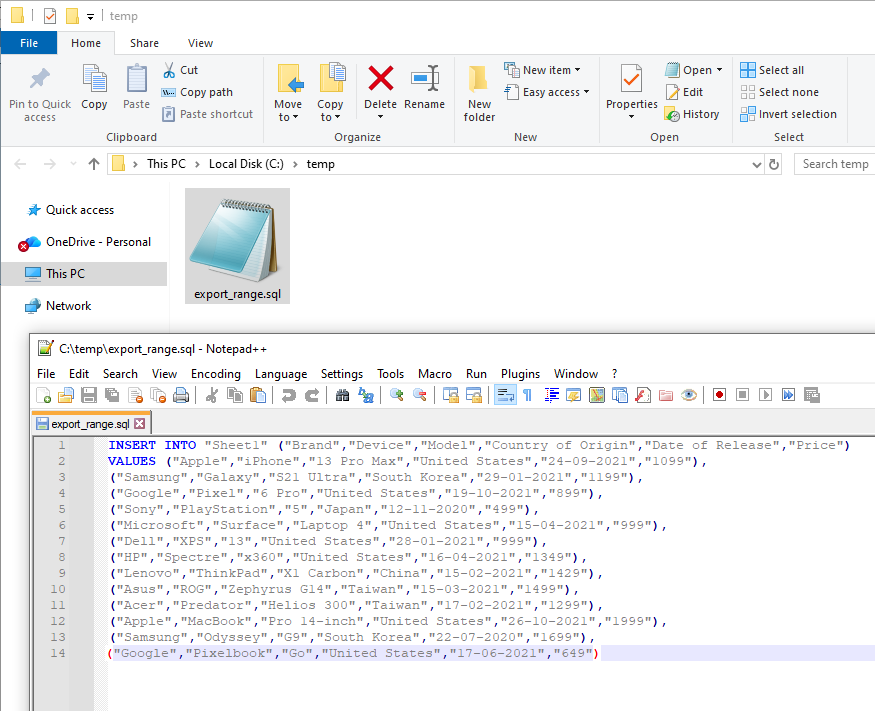 Export > Export range as SQL data