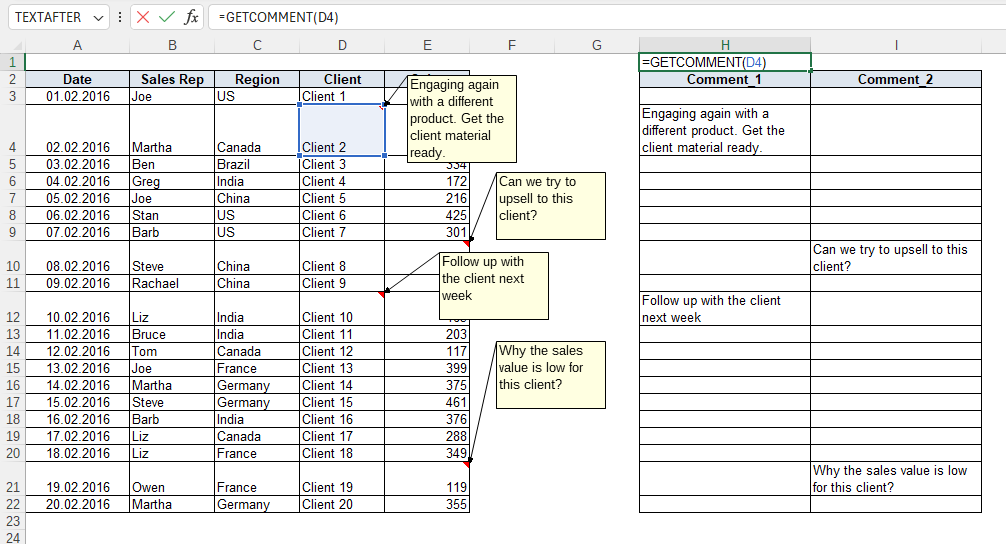 Приклад використання функції GETCOMMENT()