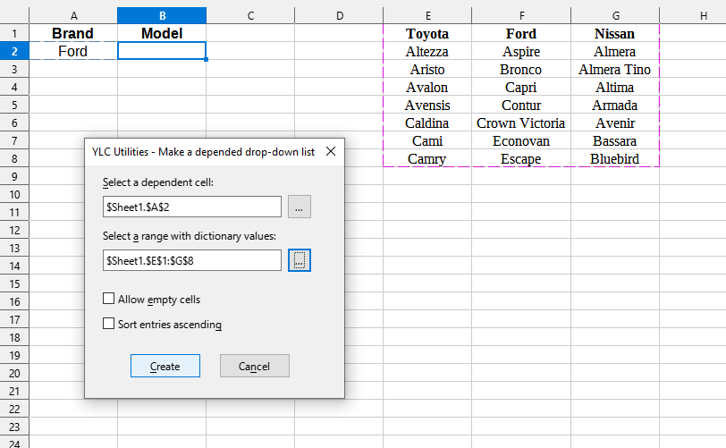 Range > Make dependent DD list