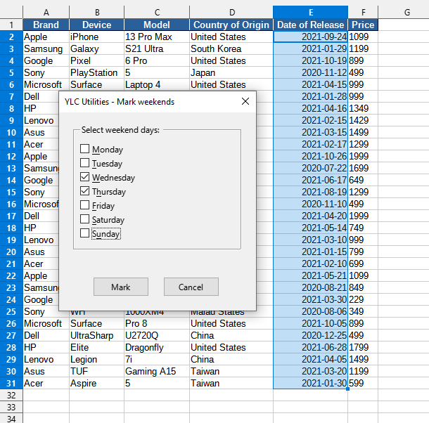 Date > Mark weekends