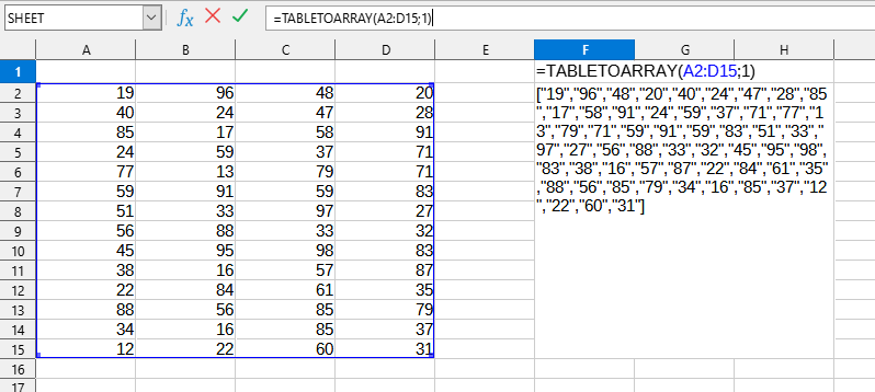 Приклад використання функції TABLETOARRAY()