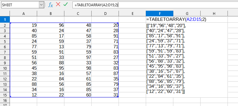 Приклад використання функції TABLETOARRAY()