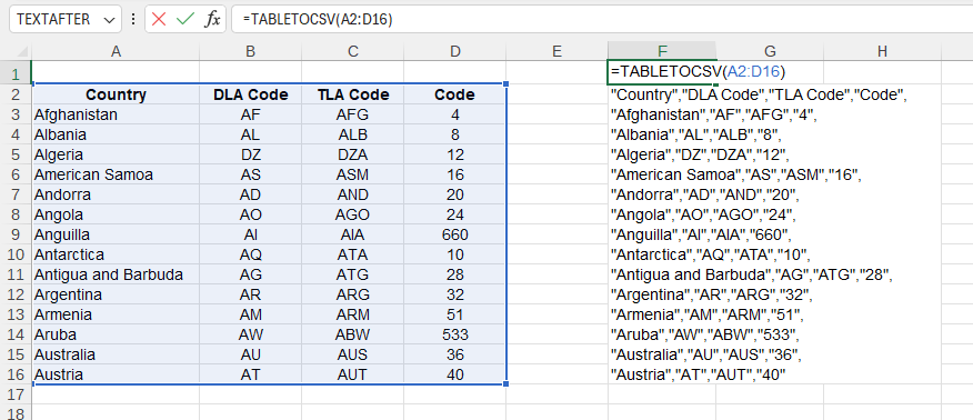 Приклад використання функції TABLETOCSV()