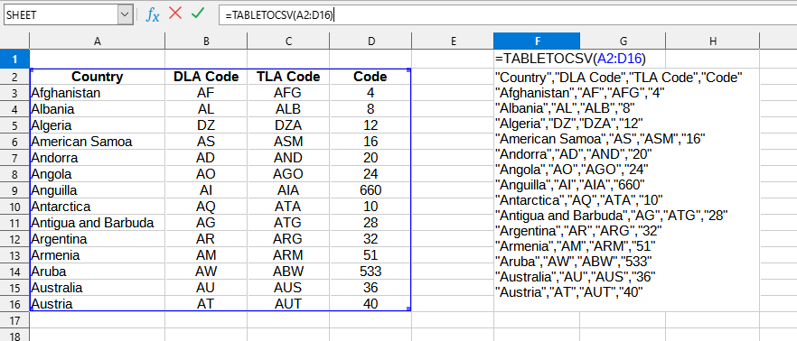 Приклад використання функції TABLETOCSV()
