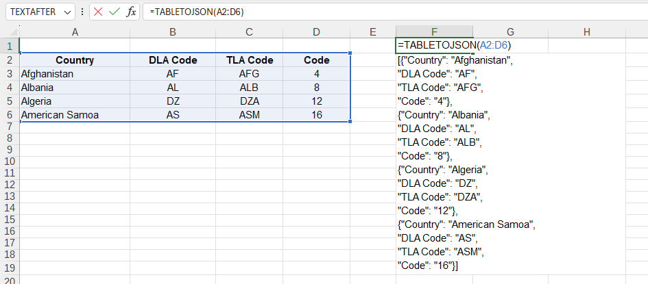 Приклад використання функції TABLETOJSON()