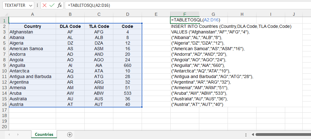 Приклад використання функції TABLETOSQL()