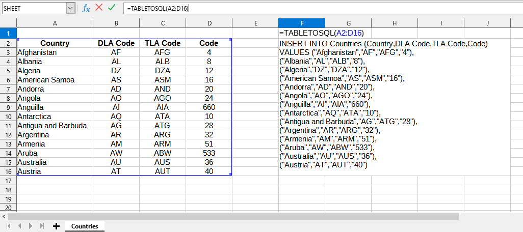 Приклад використання функції TABLETOSQL()