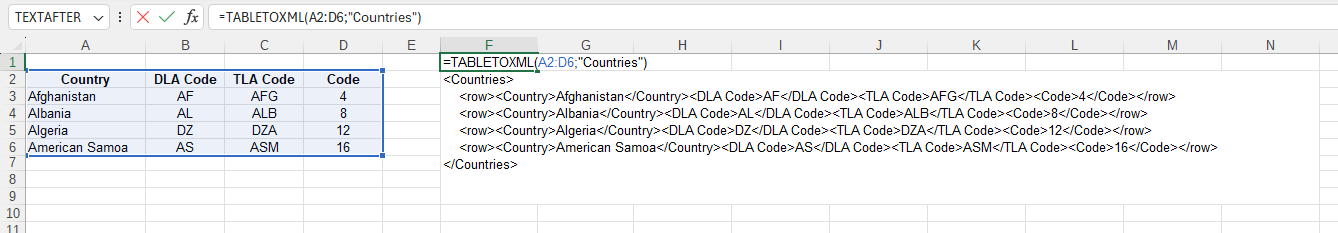 Приклад використання функції TABLETOXML()