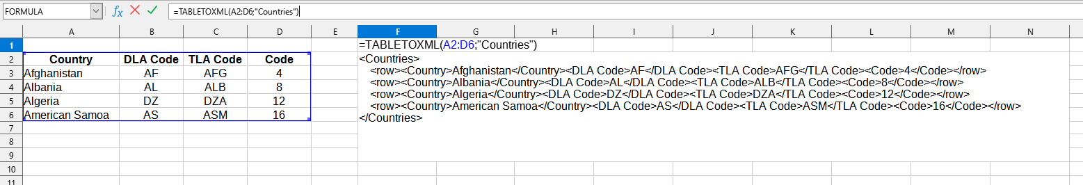 Приклад використання функції TABLETOXML()