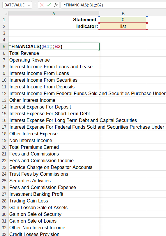 Example of using the FINANCIALS() function