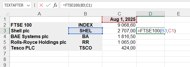 Приклад використання функції FTSE100()