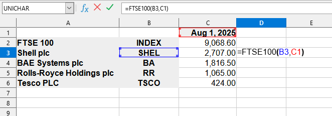 Приклад використання функції FTSE100()