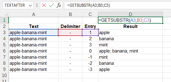 Приклад використання функції GETSUBSTR()