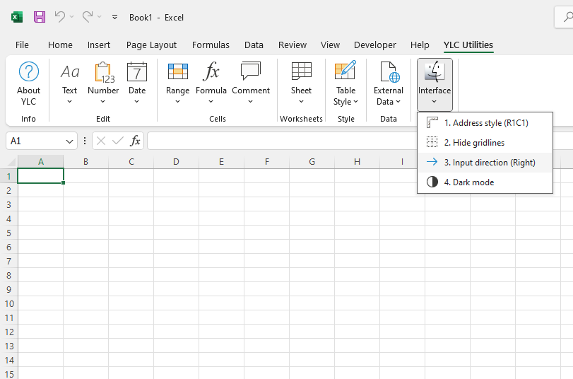 YLC Utilities > Інтерфейс > Змінити напрямок введення (Вправо)