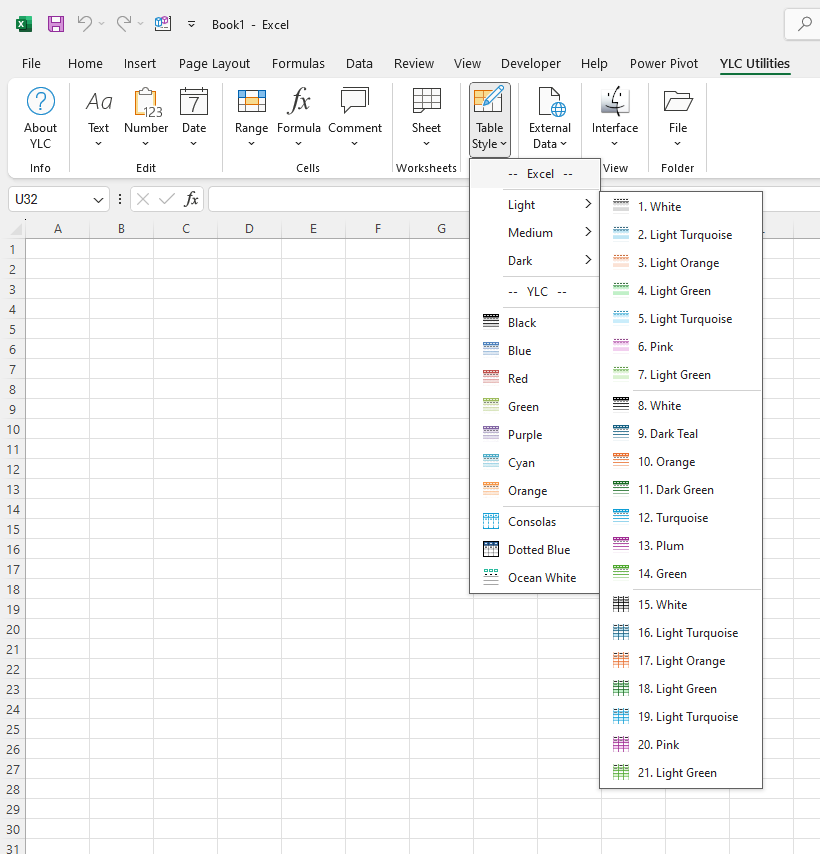 YLC Utilities > Стилі для таблиць > Excel