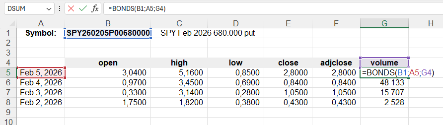 Приклад використання функції OPTIONS()