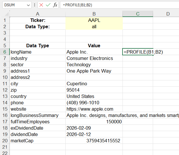 Ejemplo de uso de la función PROFILE()