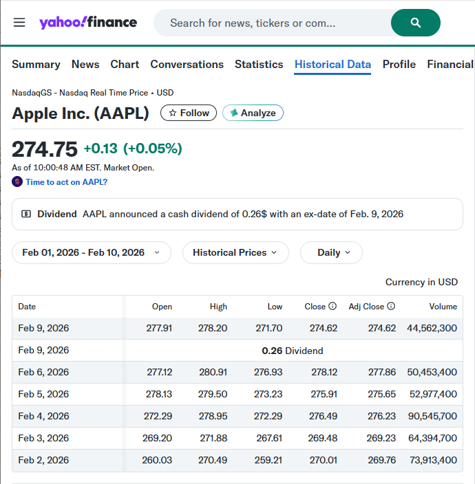 YFINANCE formula usage